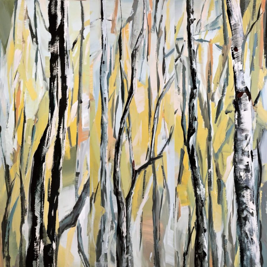 birch aspen mixed media painting | blue yellow orange brown white | by California artist Holly Van Hart